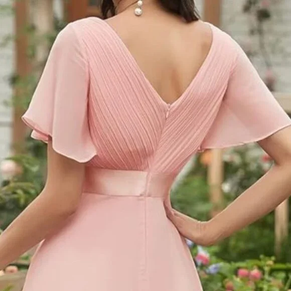 Surplice Flutter Sleeve Maxi Dress | A-Line Formal Solid Dress - Picture 8 of 9